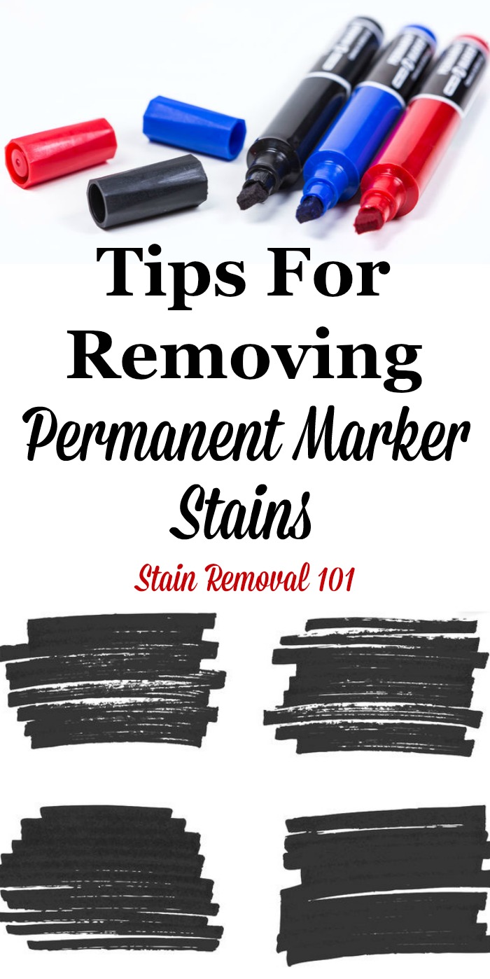 Here is a round up of tips for how to remove permanent marker stains from clothing, walls, carpet, upholstery and other places in your home, for these difficult to remove marks and scribbles {on Stain Removal 101} #StainRemoval #RemovingStains #RemoveStains