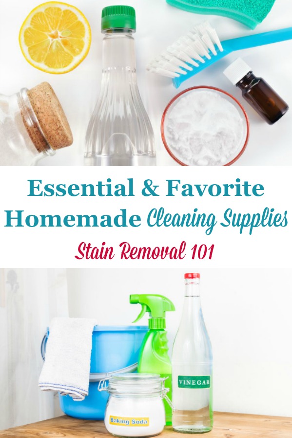 Here is a round up of some of the essential and favorite home made cleaning supplies, including ingredients and equipment, you may need for making homemade cleaning products {on Stain Removal 101} #HomemadeCleaningSupplies #CleaningSupplies #HomemadeCleaners