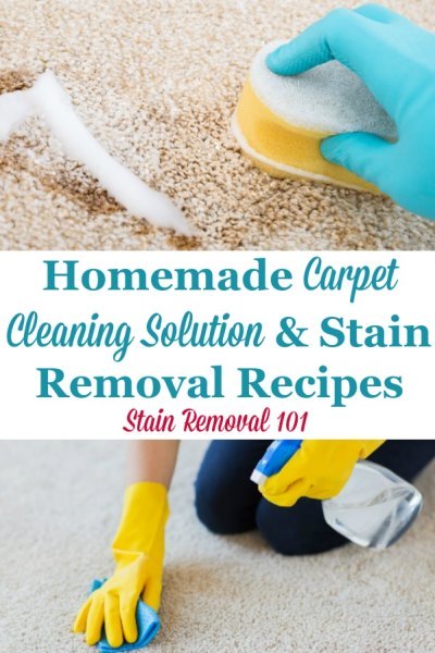 Here is a round up of homemade carpet cleaning solution and stain removal recipes, for both general cleaning and specific stains {on Stain Removal 101} #HomemadeCarpetCleaningSolution #HomemadeCarpetCleaner #HomemadeCarpetStainRemover